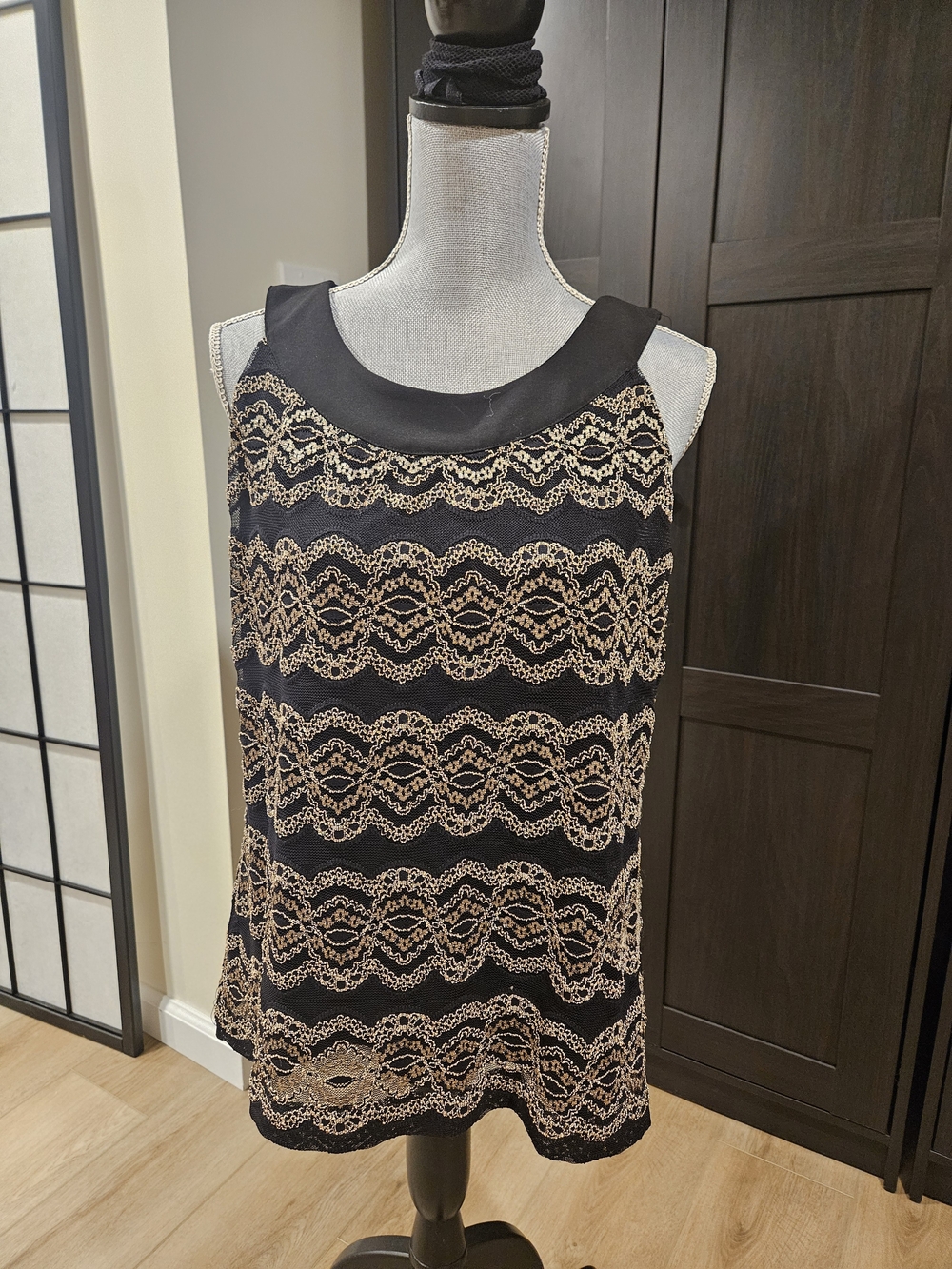 Charter Club Black Tank Top with Gold Lace Overlay